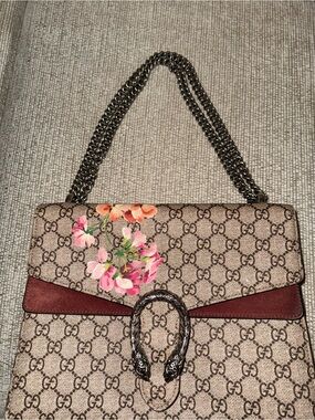 Gucci Beige GG Canvas Shoulder Bag with Pink Floral and Burgundy Trim